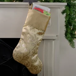 20.5" Gold Glittered Swirl Christmas Stocking With Velveteen Cuff