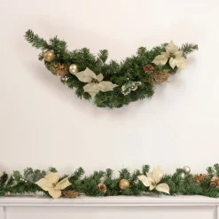 32" Gold Poinsettia And Pinecone Artificial Christmas Swag, Unlit