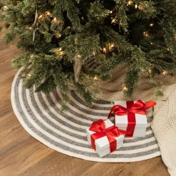 44" Gray And Beige Shag Striped Round Christmas Tree Skirt