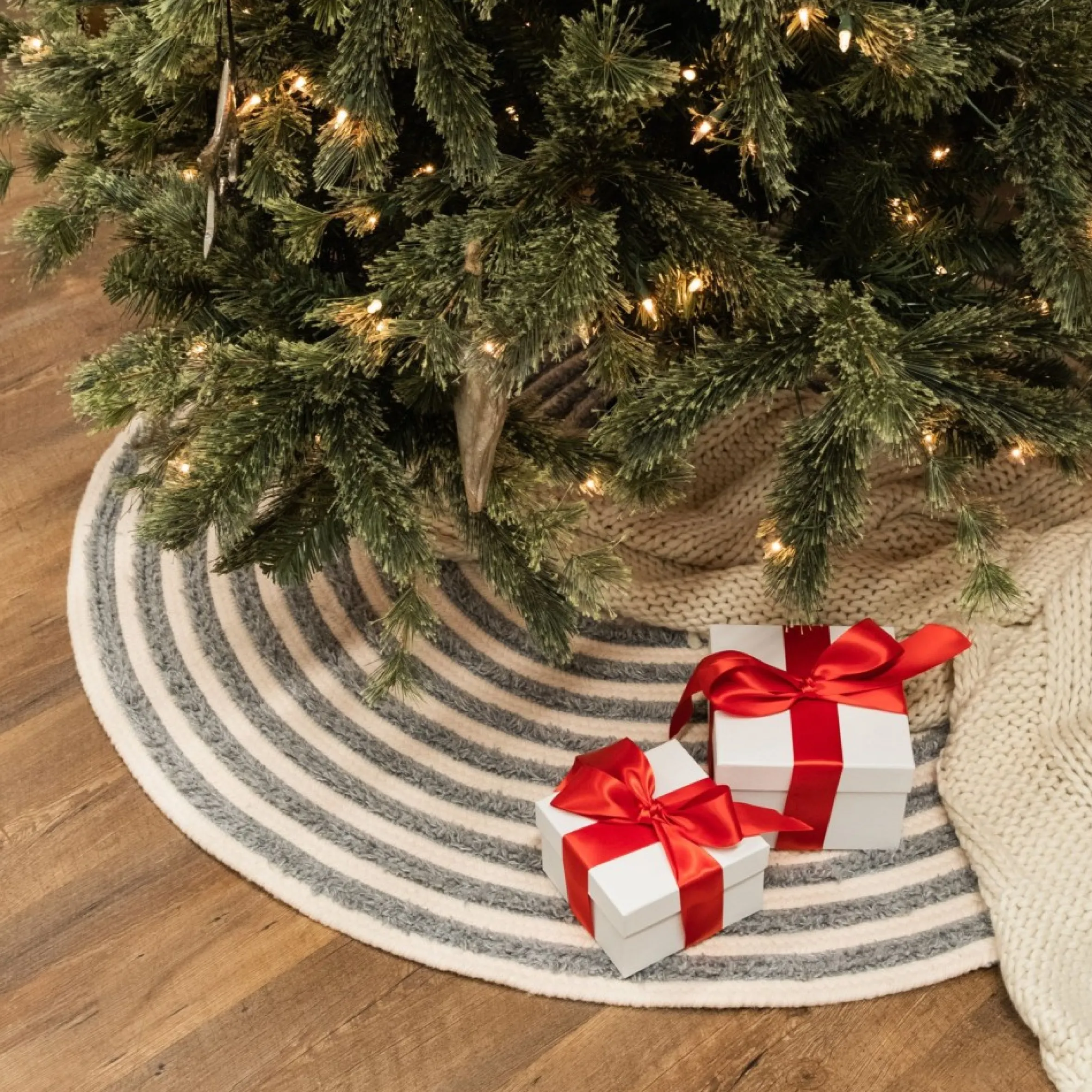 50" Gray And Beige Shag Striped Round Christmas Tree Skirt