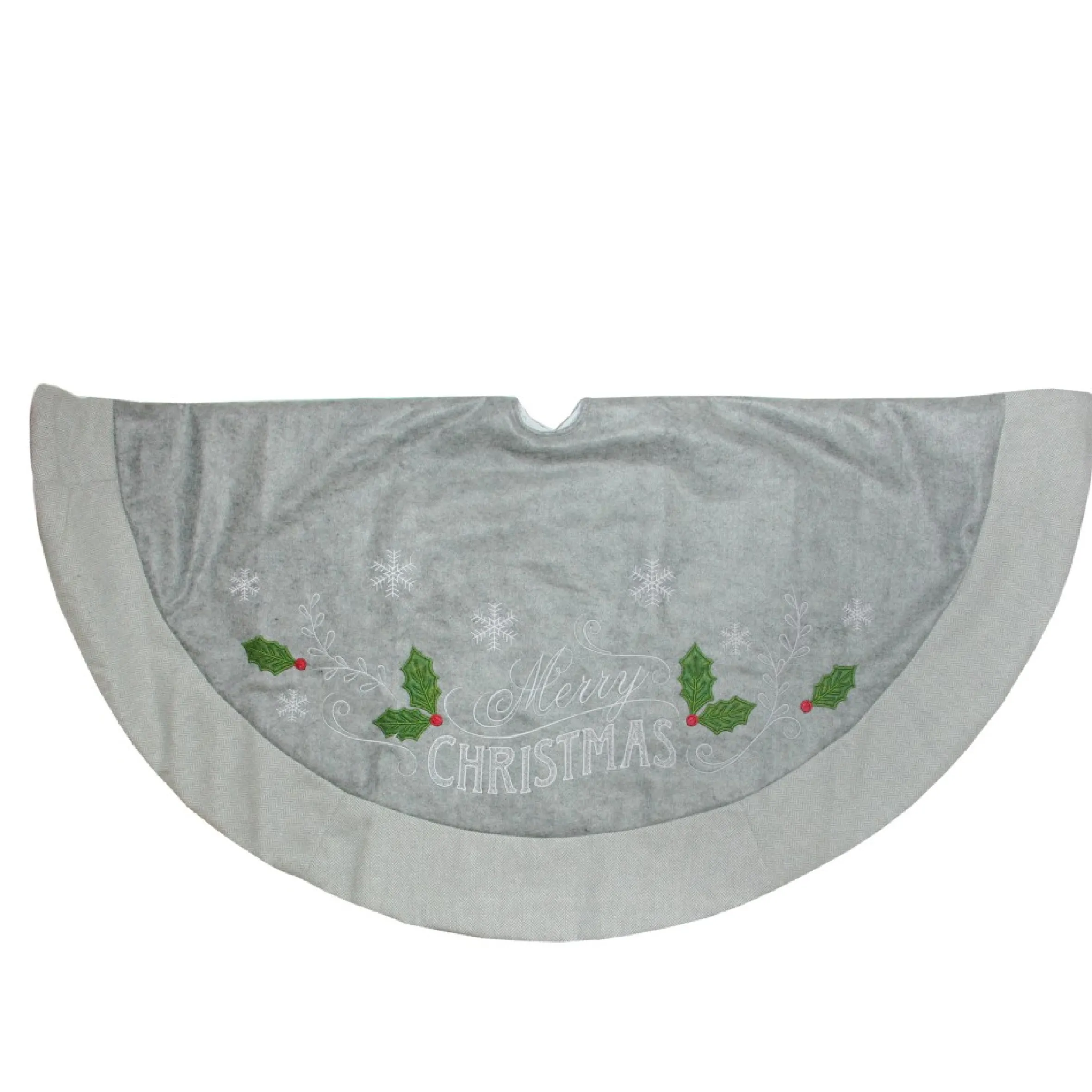 48" Gray And Green 'Merry Christmas' Mottled Tree Skirt With Herringbone Bordered Trim