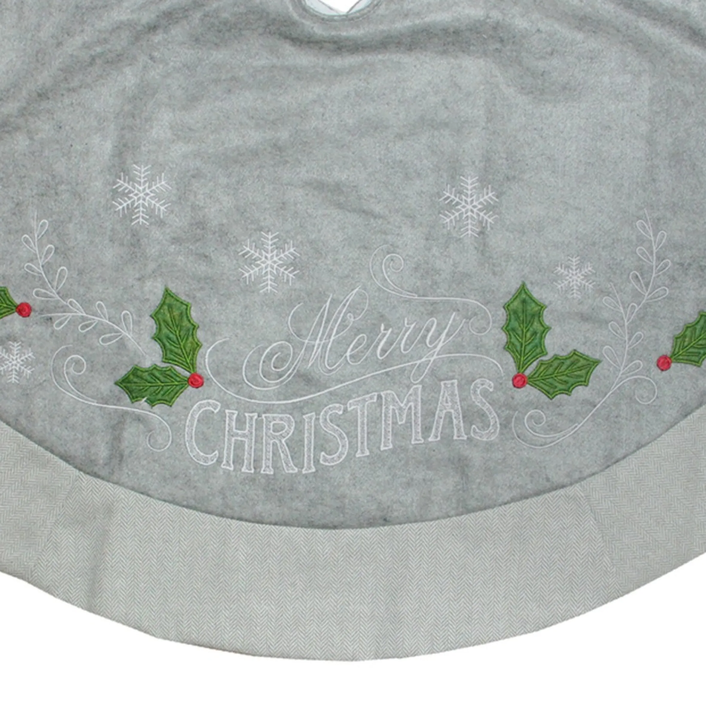 48" Gray And Green 'Merry Christmas' Mottled Tree Skirt With Herringbone Bordered Trim