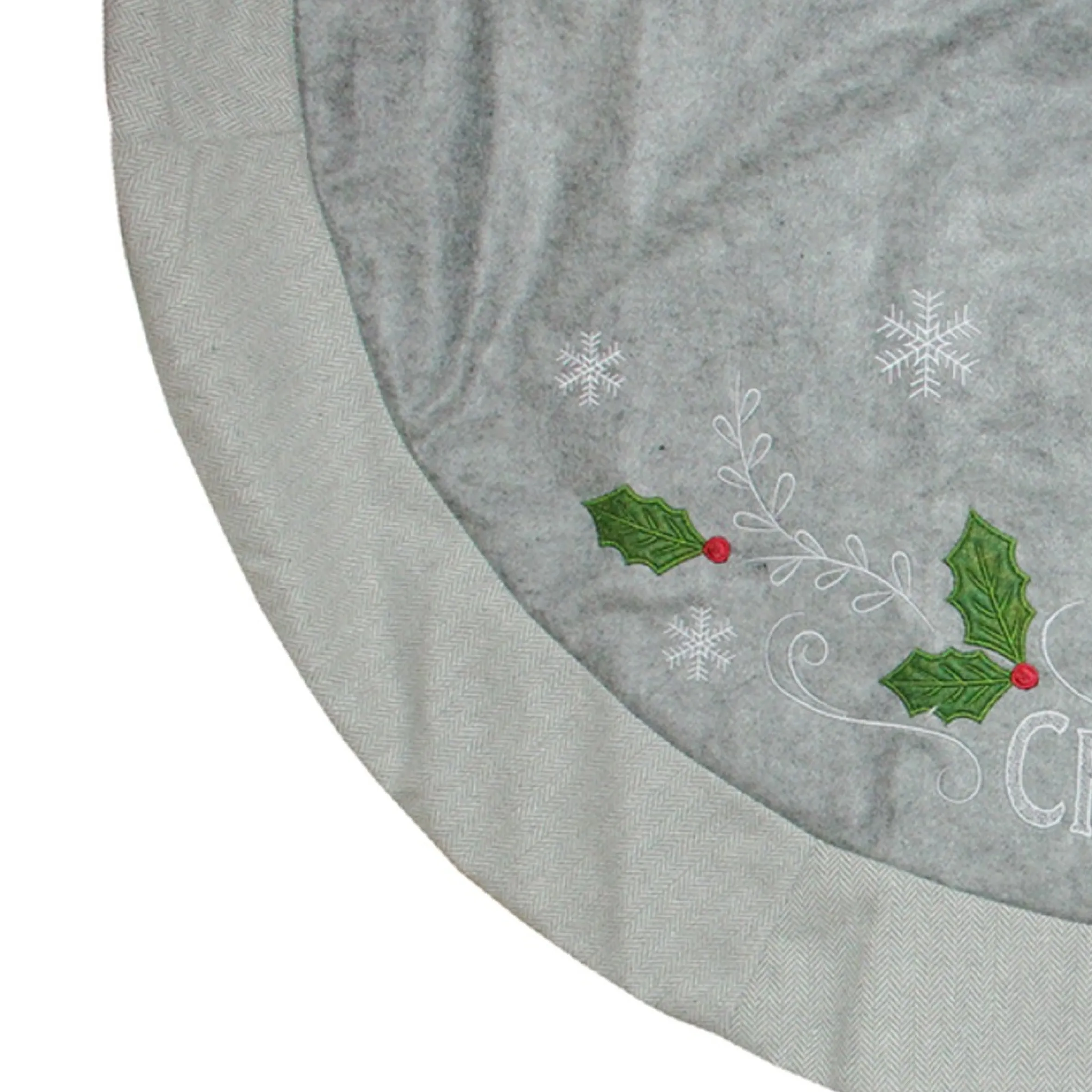 48" Gray And Green 'Merry Christmas' Mottled Tree Skirt With Herringbone Bordered Trim