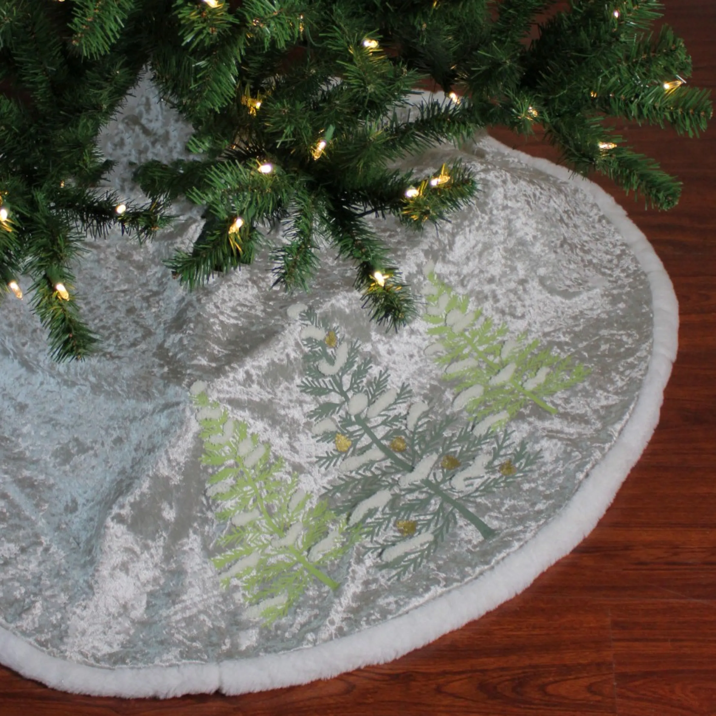 48" Gray And Green Traditional Trees Embossed Christmas Tree Skirt