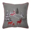 16.5" Gray And Red Christmas Scene With Deer Square Throw Pillow