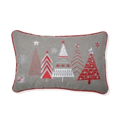 18.5" Gray And Red Christmas Star Topped Trees Rectangular Throw Pillow
