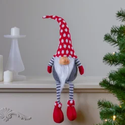 24" Gray And Red Hanging Leg With Polka-Dot Snow Cap Smiling Gnome