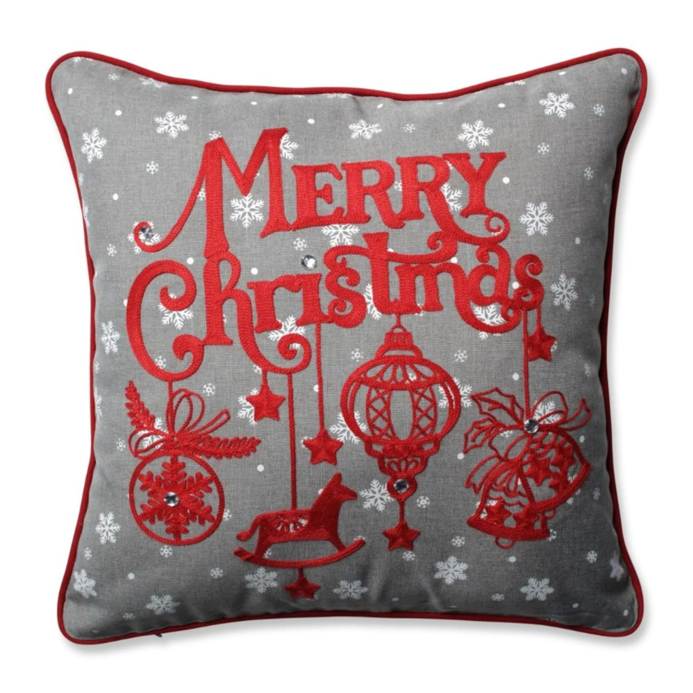 16.5" Gray And Red Ornamental "Merry Christmas" Square Throw Pillow