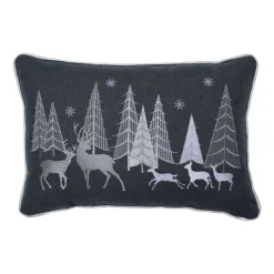18.5" Gray And White Christmas Forest Scene Deer Rectangular Throw Pillow