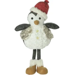 24" Gray And White Sitting Penguin With Beanie Santa Hat Christmas Figurine