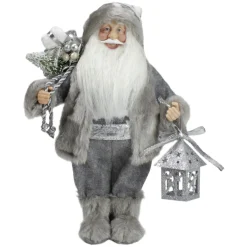 12" Gray And White Standing Santa Claus Christmas Figurine With Bag And Lantern