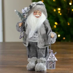 12" Gray And White Standing Santa Claus Christmas Figurine With Bag And Lantern