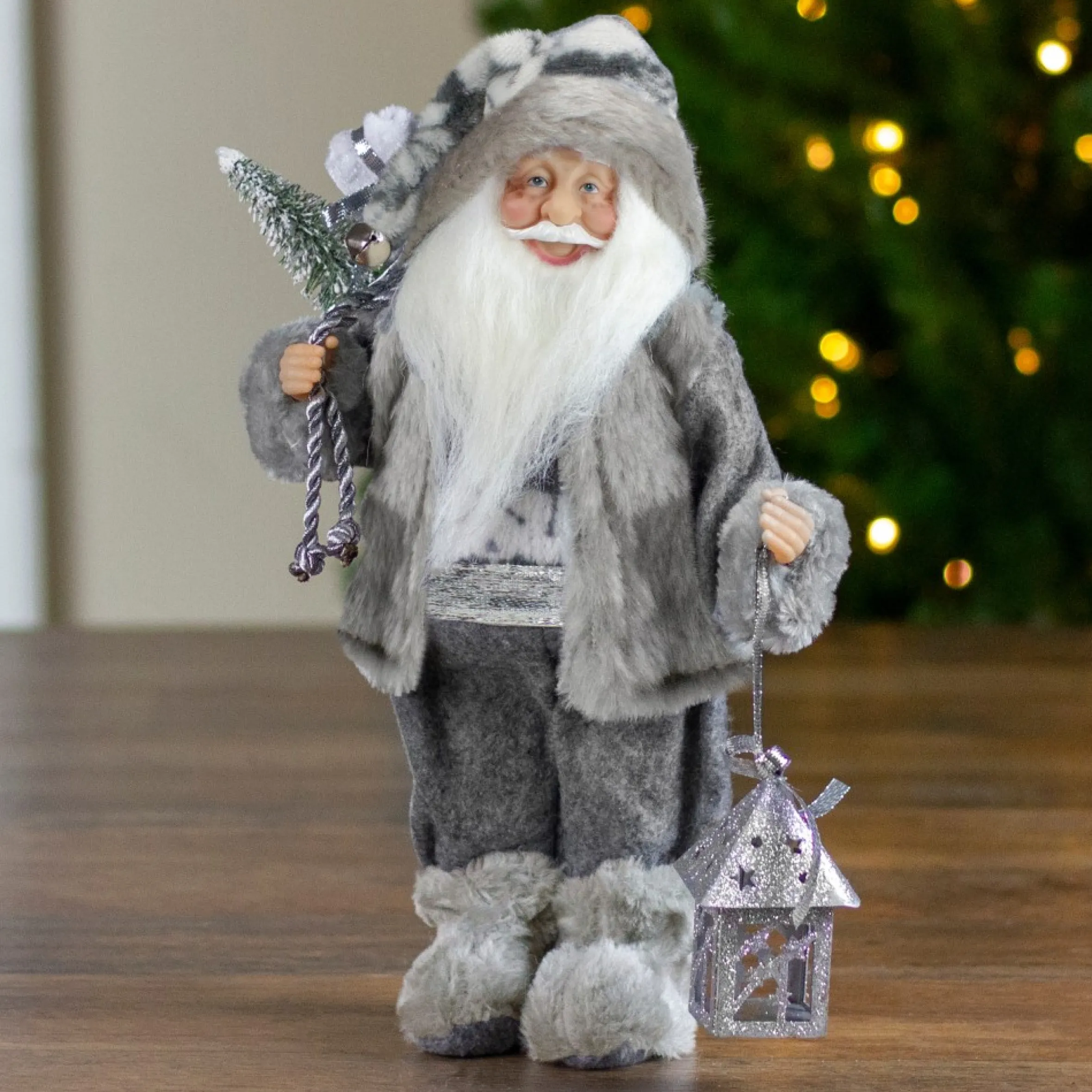 12" Gray And White Standing Santa Claus Christmas Figurine With Bag And Lantern