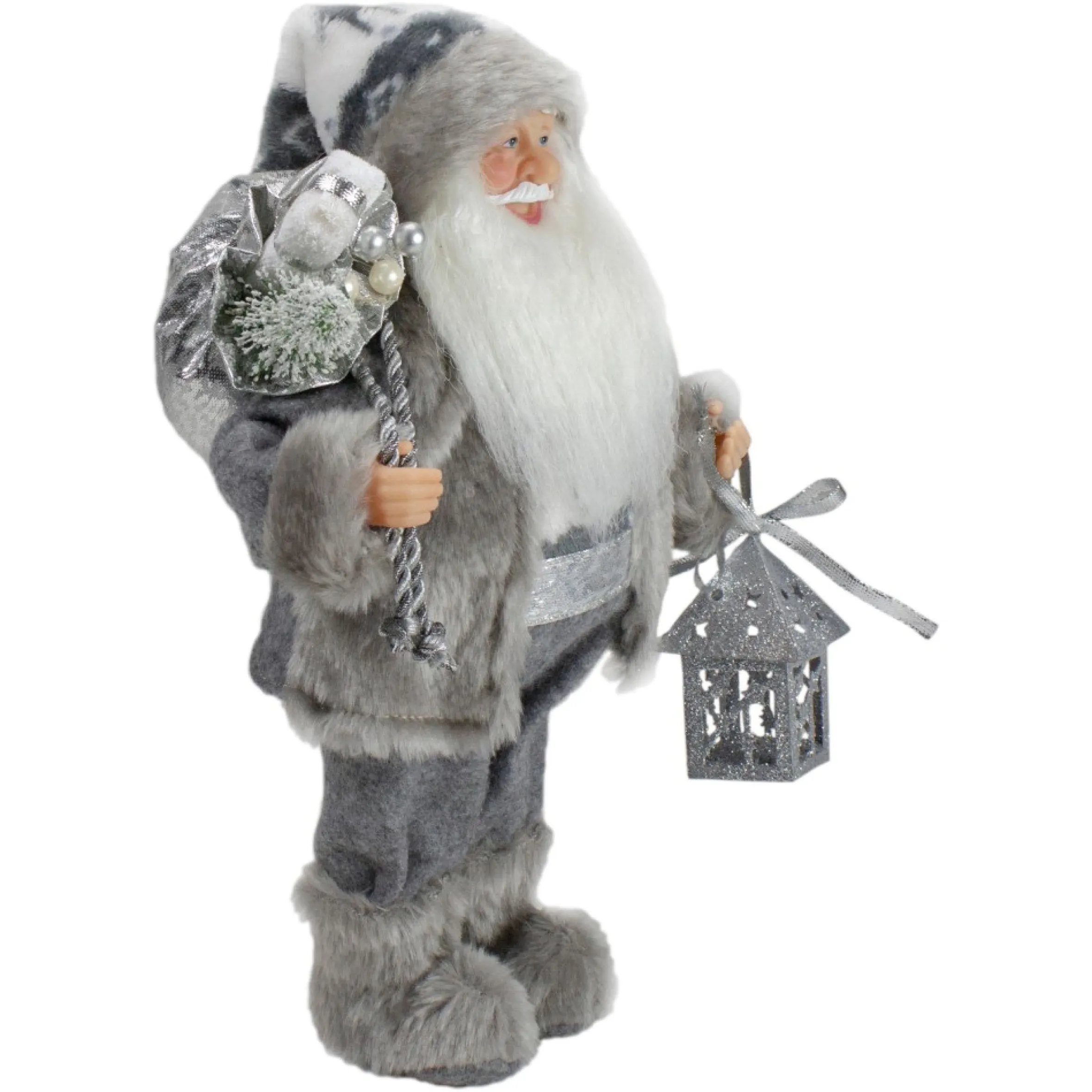 12" Gray And White Standing Santa Claus Christmas Figurine With Bag And Lantern