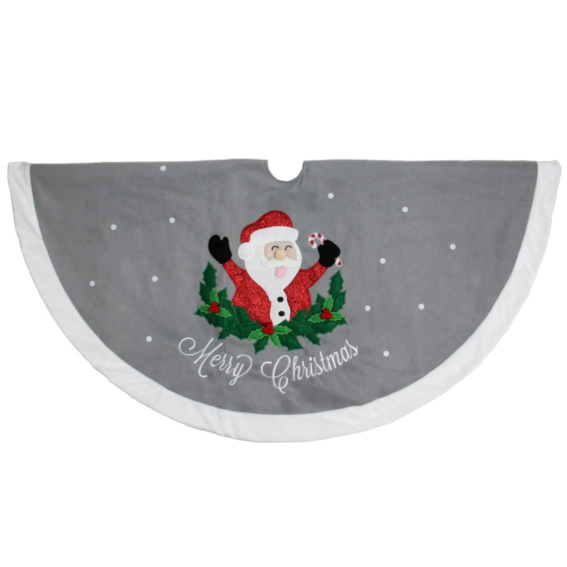 48" Gray And White Traditional Happy Santa Christmas Tree Skirt