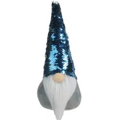 13.5" Gray Standing Christmas Gnome Decoration With Blue Flip Sequin Hat