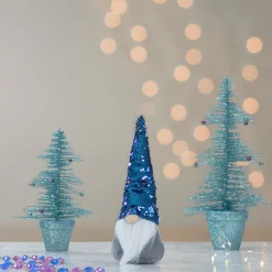13.5" Gray Standing Christmas Gnome Decoration With Blue Flip Sequin Hat