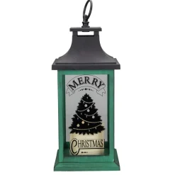 12" Green And Black Led Candle With Christmas Tree Tabletop Lantern