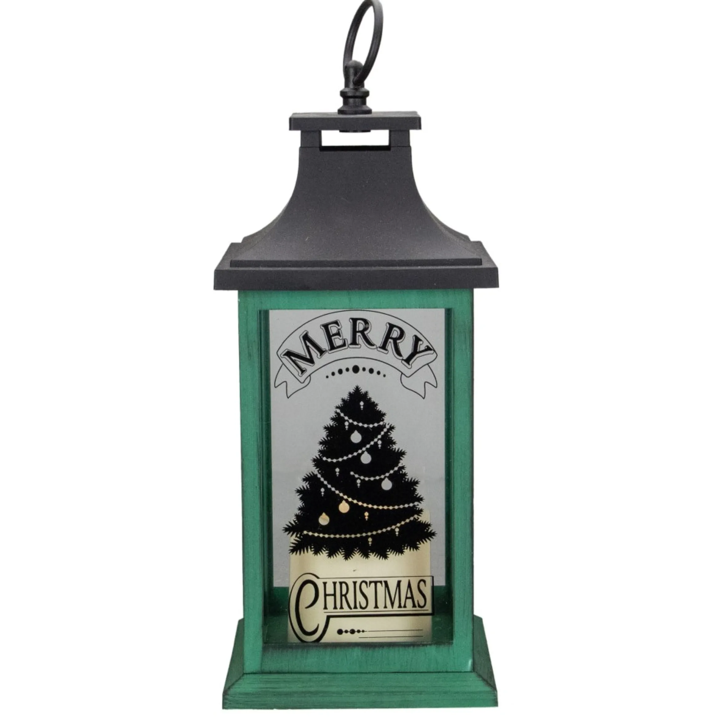 12" Green And Black Led Candle With Christmas Tree Tabletop Lantern