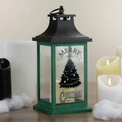 12" Green And Black Led Candle With Christmas Tree Tabletop Lantern