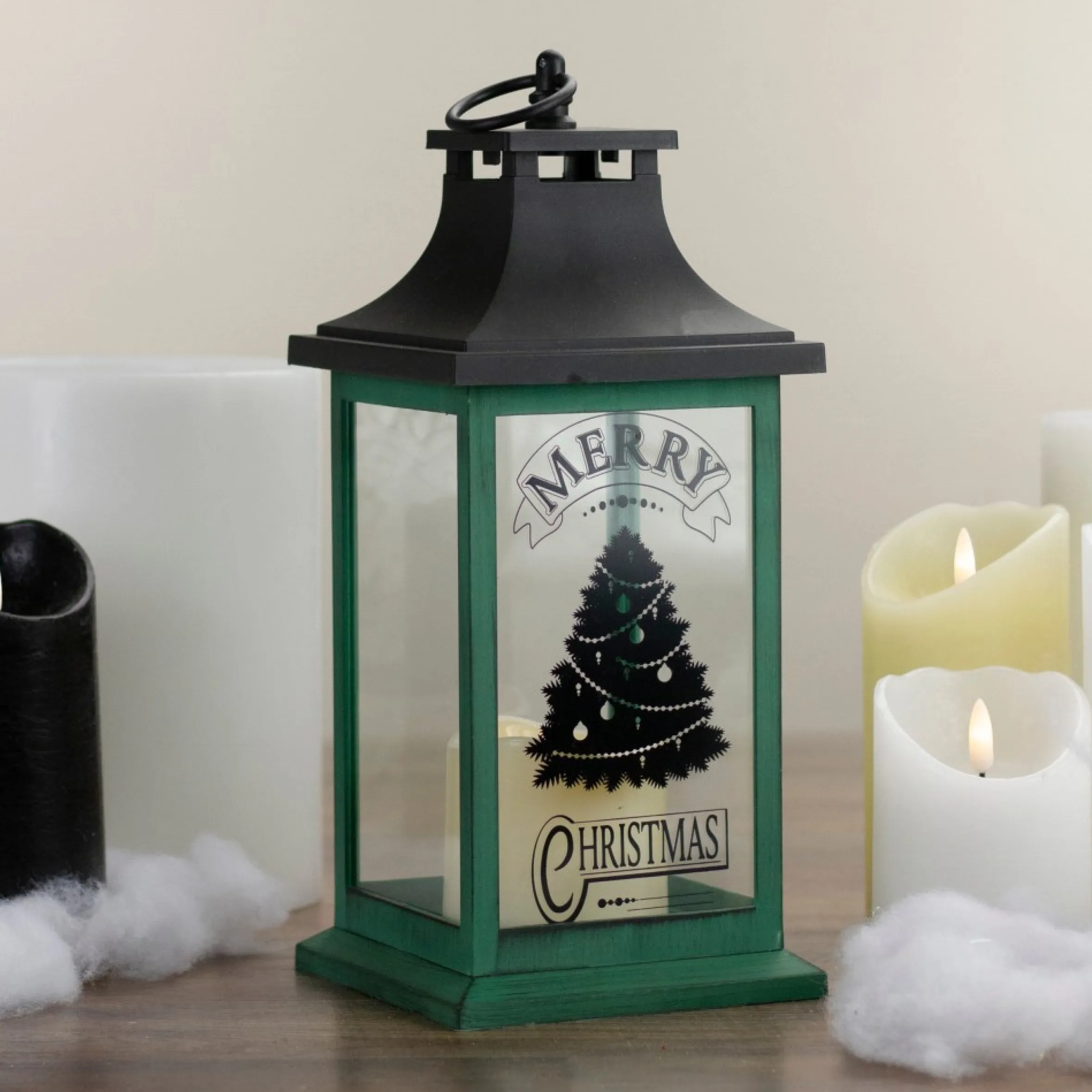 12" Green And Black Led Candle With Christmas Tree Tabletop Lantern