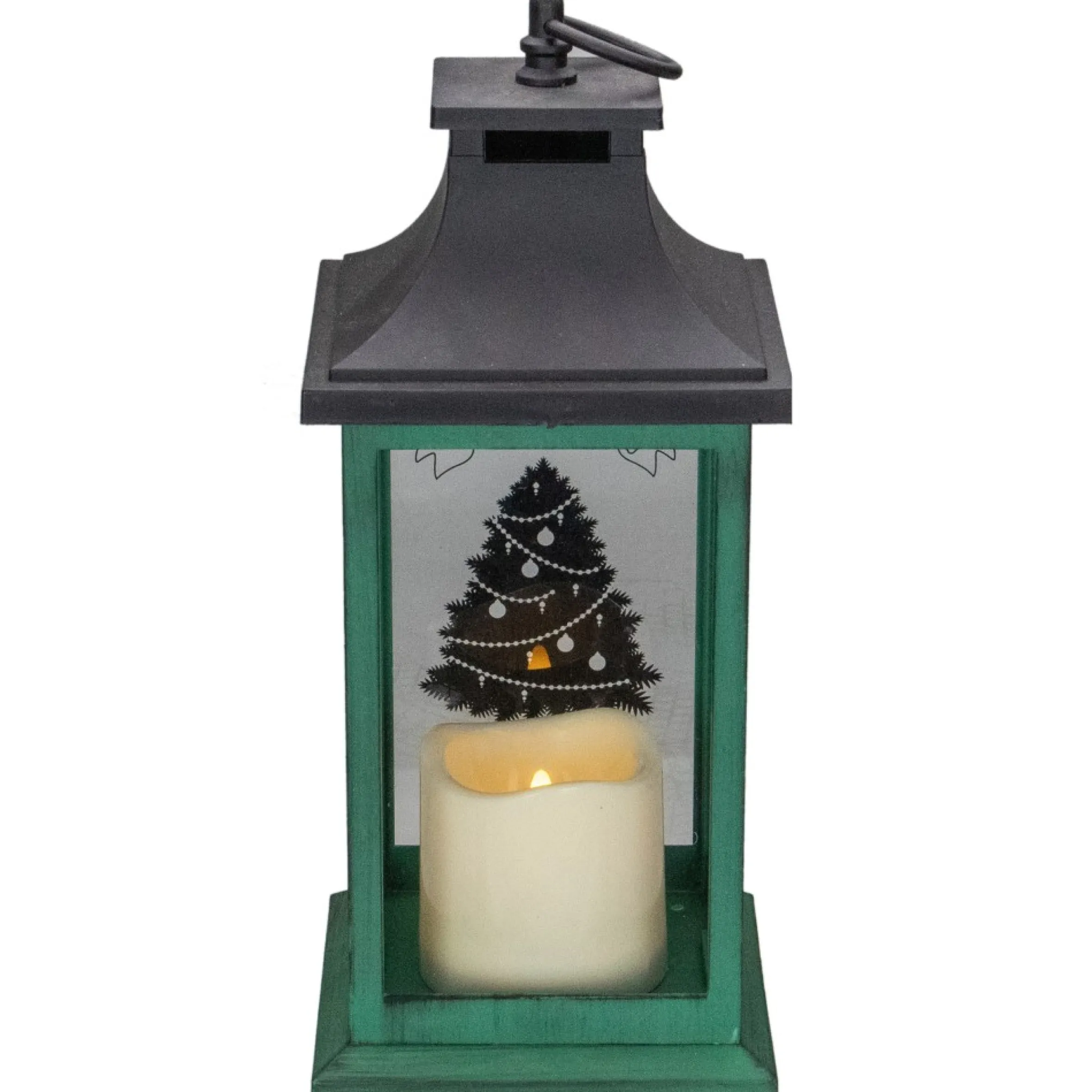 12" Green And Black Led Candle With Christmas Tree Tabletop Lantern