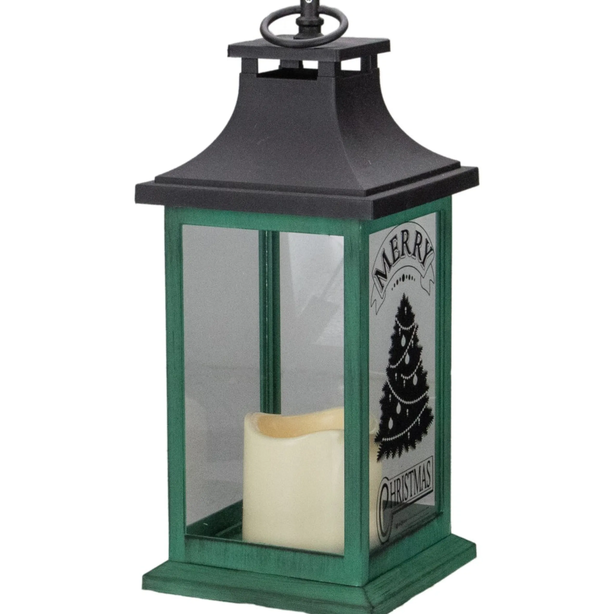 12" Green And Black Led Candle With Christmas Tree Tabletop Lantern