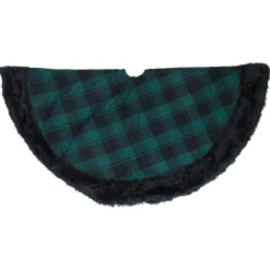 48" Green And Black Plaid Christmas Tree Skirt With Faux Fur