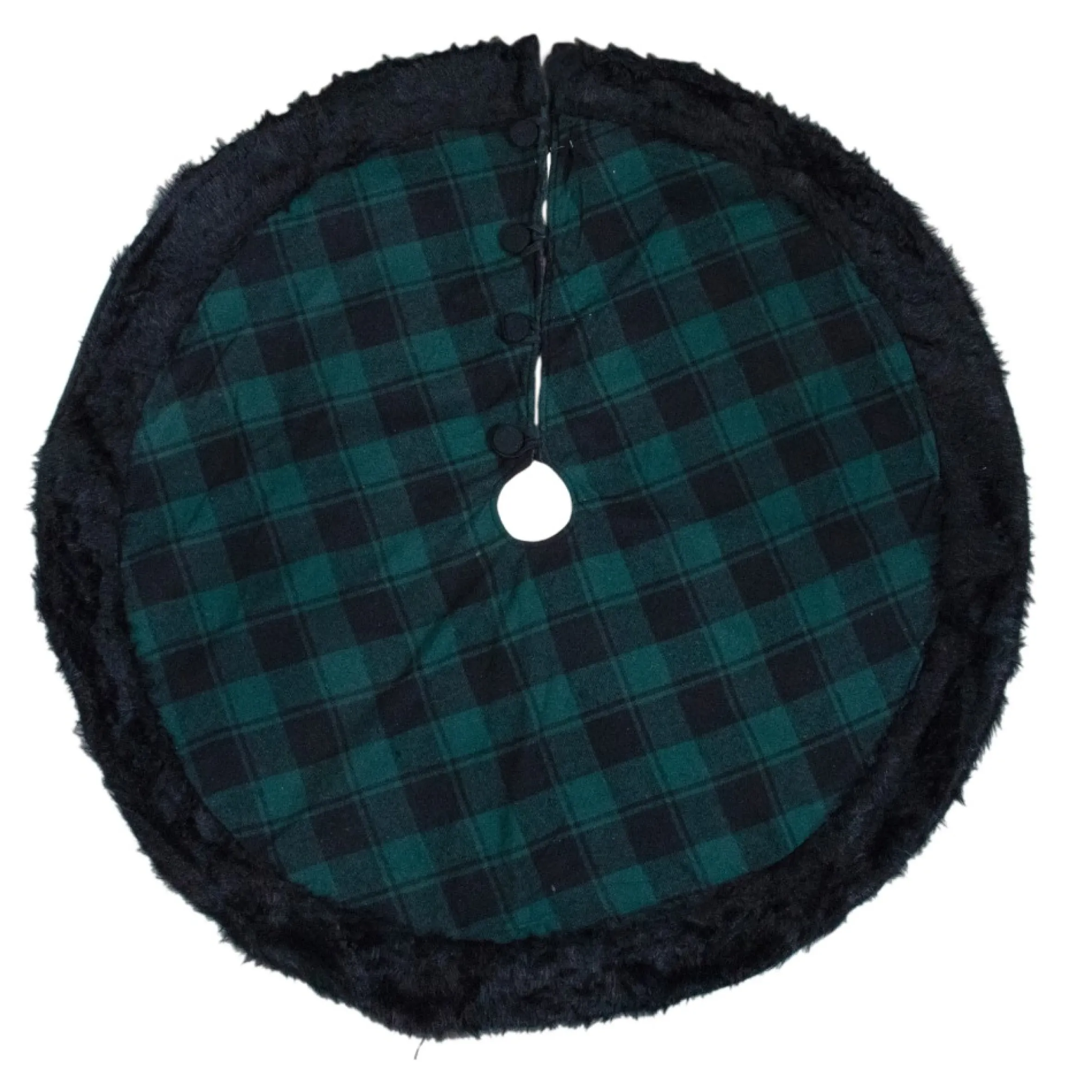48" Green And Black Plaid Christmas Tree Skirt With Faux Fur