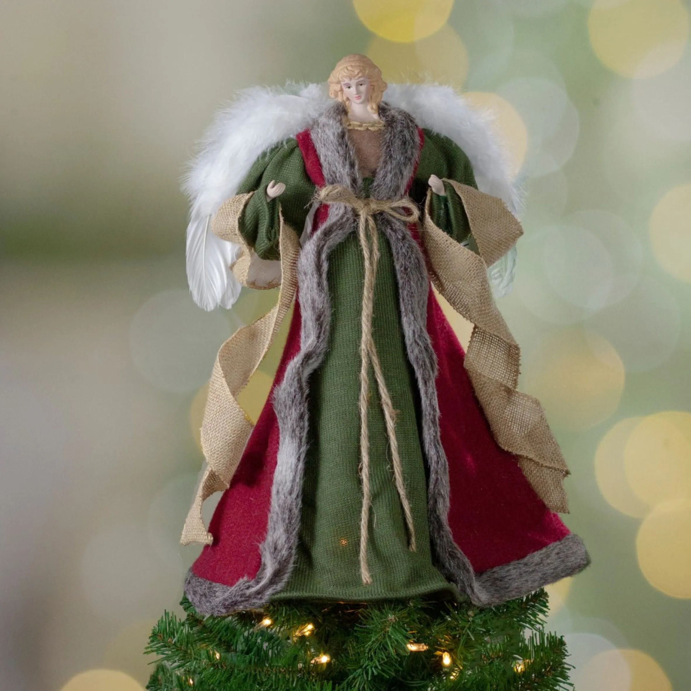18" Green And Brown Angel In A Dress Christmas Tree Topper - Unlit