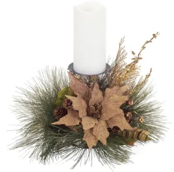19" Green And Brown Poinsettia Pine Cone Christmas Candle Holder