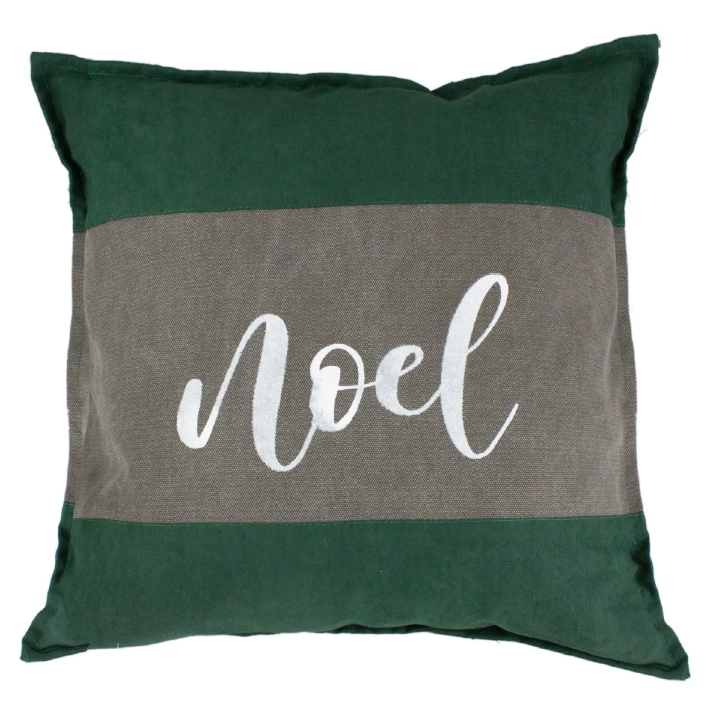 18" Green And Brown Suede "Noel" Christmas Square Throw Pillow