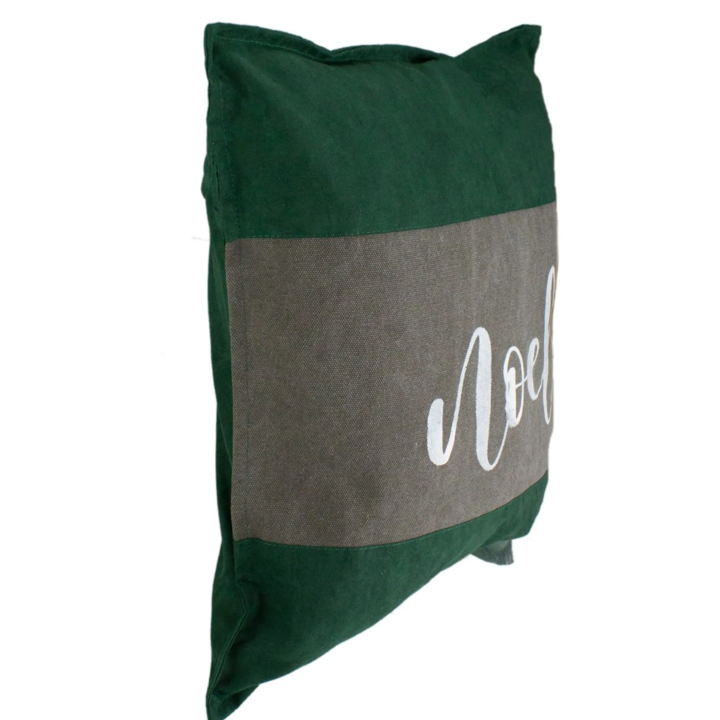 18" Green And Brown Suede "Noel" Christmas Square Throw Pillow