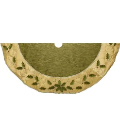 54" Green And Gold Colored With Holly Leaves Embroidered Tree Skirt