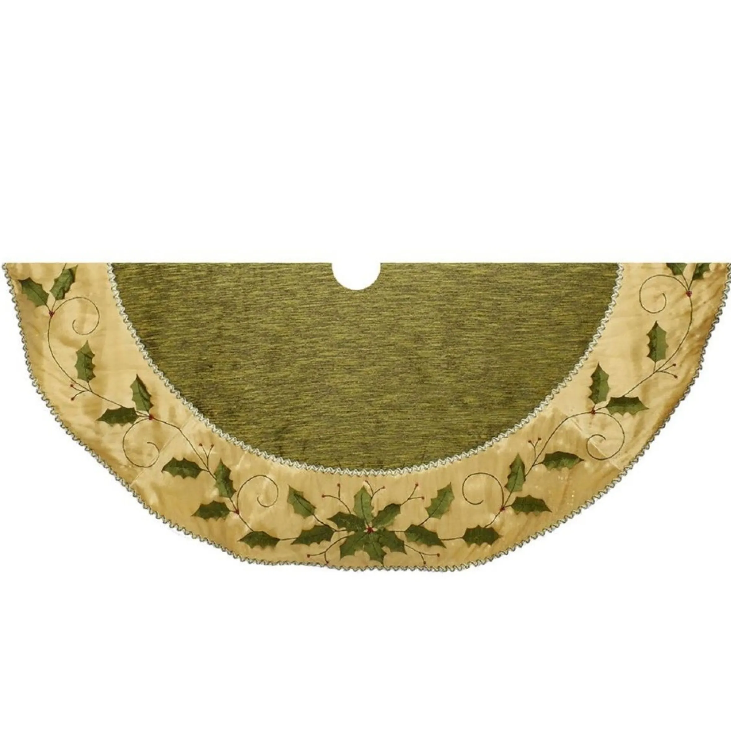 54" Green And Gold Colored With Holly Leaves Embroidered Tree Skirt