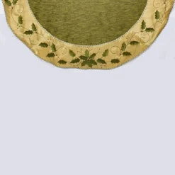 54" Green And Gold Colored With Holly Leaves Embroidered Tree Skirt