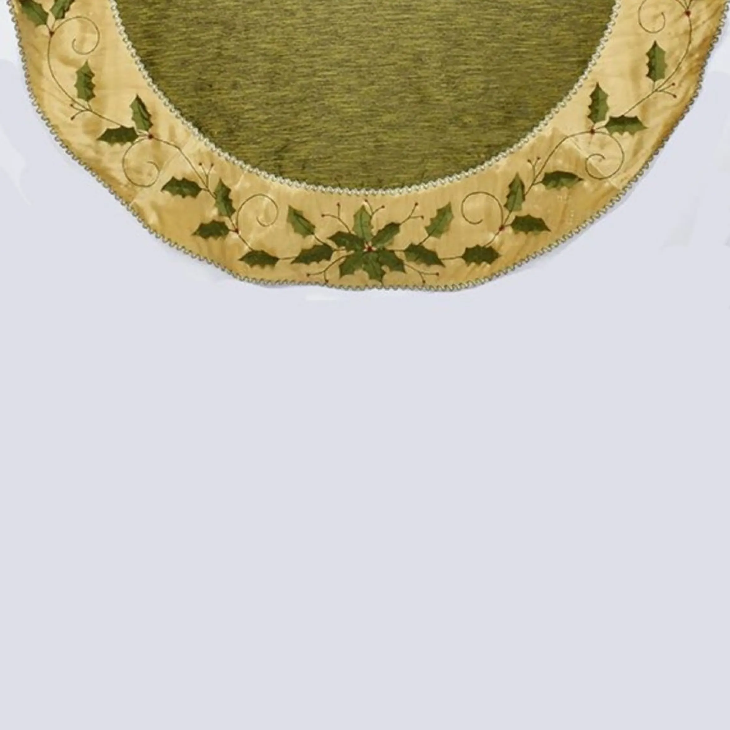 54" Green And Gold Colored With Holly Leaves Embroidered Tree Skirt