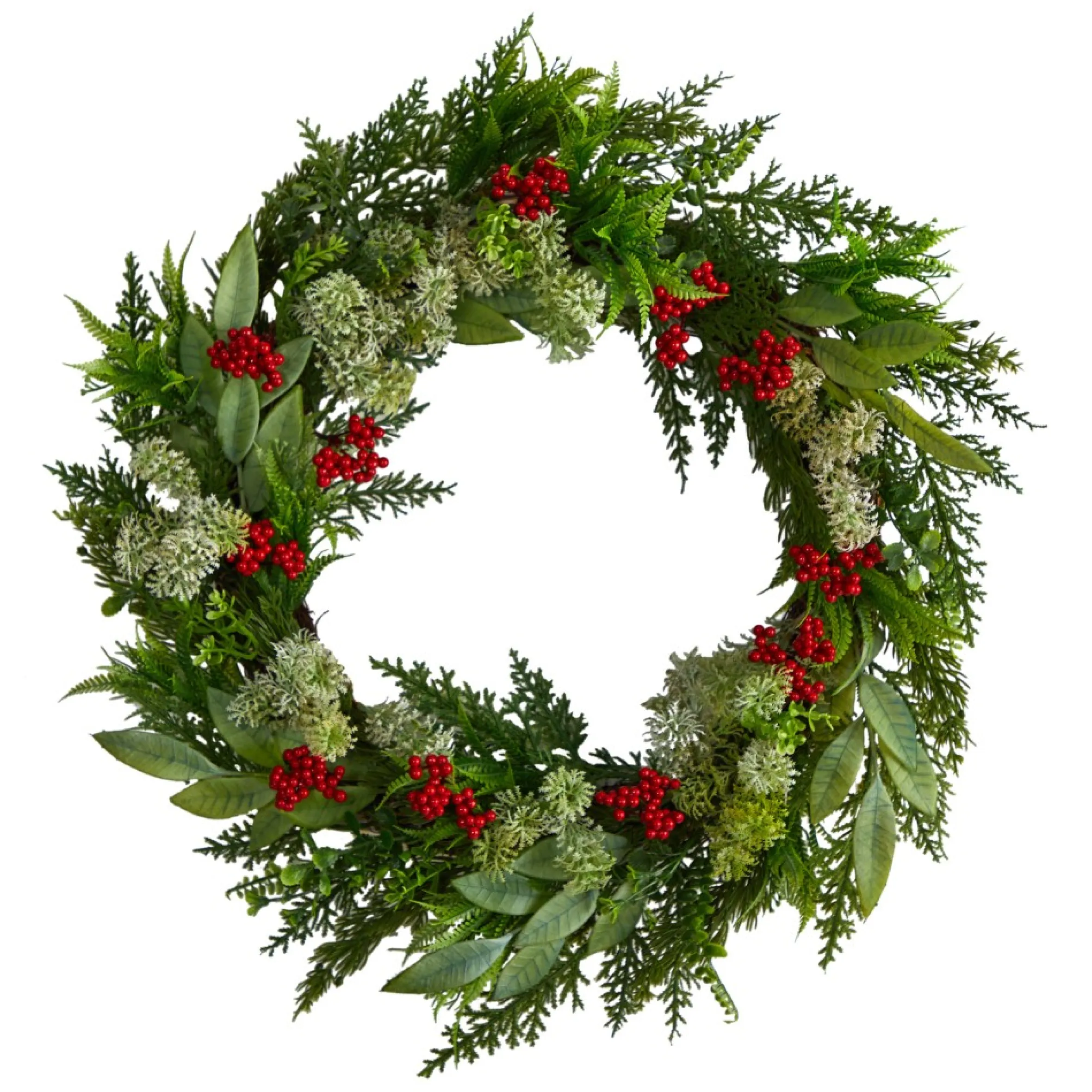 Green And Red Artificial Cedar, Eucalyptus And Berries Christmas Wreath, 24-Inch, Unlit