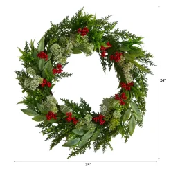 Green And Red Artificial Cedar, Eucalyptus And Berries Christmas Wreath, 24-Inch, Unlit