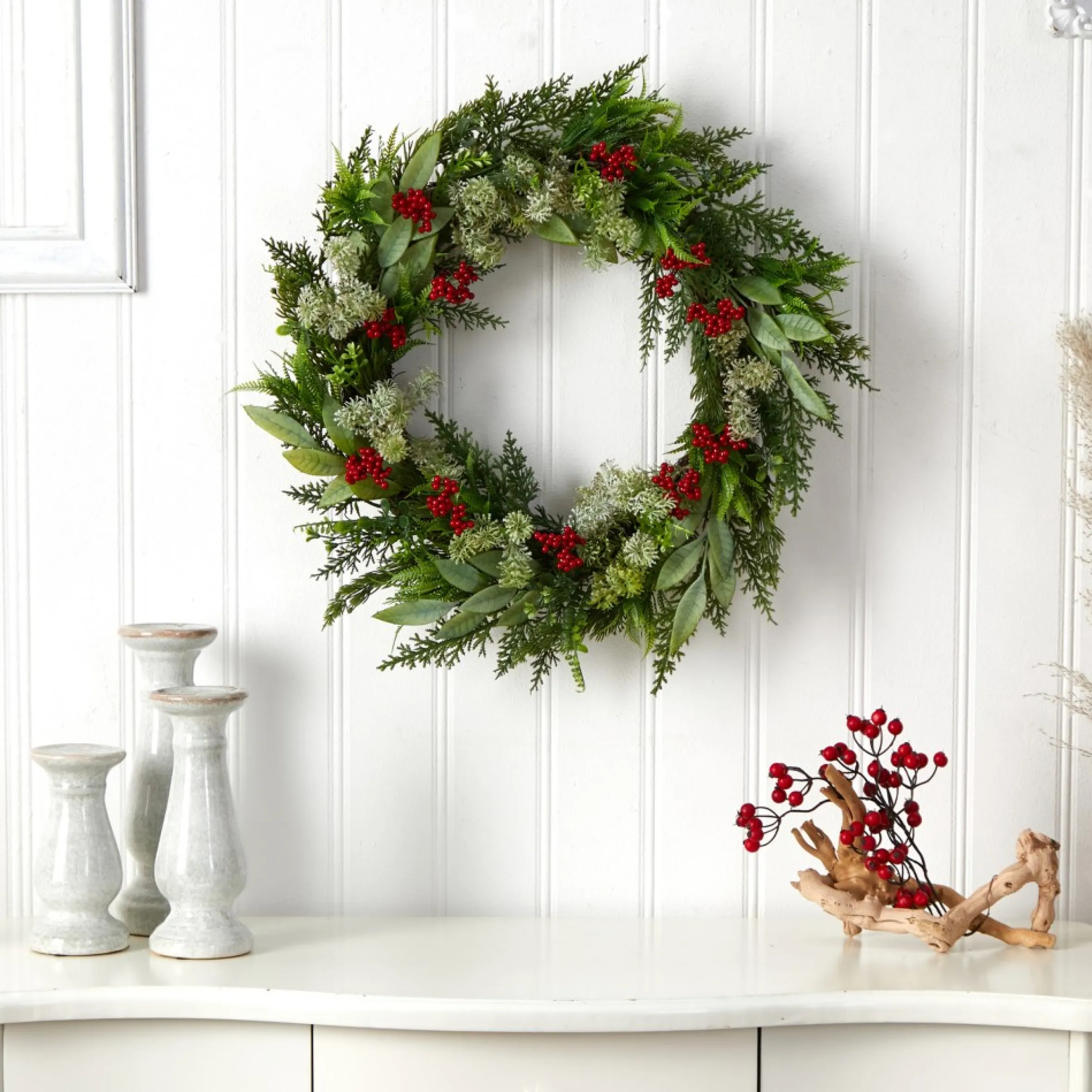 Green And Red Artificial Cedar, Eucalyptus And Berries Christmas Wreath, 24-Inch, Unlit