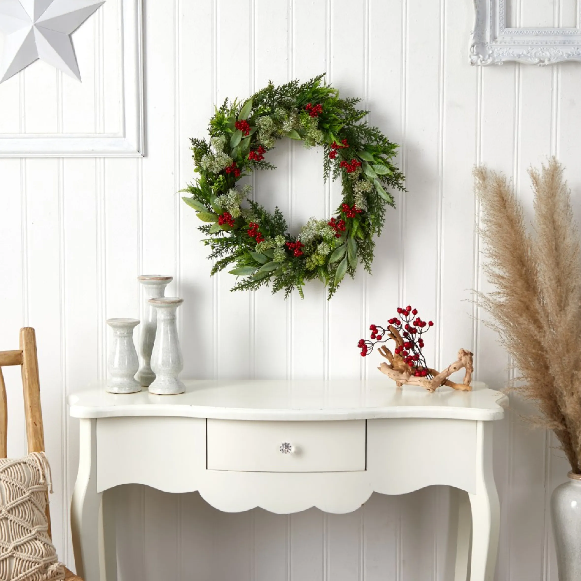 Green And Red Artificial Cedar, Eucalyptus And Berries Christmas Wreath, 24-Inch, Unlit