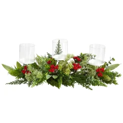 20" Green And Red Berries Christmas Triple Candelabrum