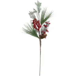 31" Green And Red Frosted Artificial Christmas Spray With Berries And Pine Cones