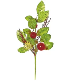 19" Green And Red Leaves With Pine Cones Artificial Christmas Spray