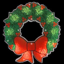 11" Green And Red Lighted Wreath Christmas Window Silhouette Decoration