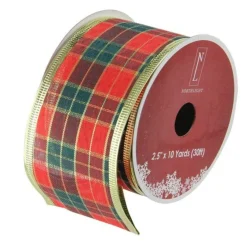 Green And Red Plaid Wired Christmas Craft Ribbon 2.5" X 10 Yards