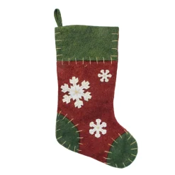 20" Green And Red Snowflake Applique Christmas Stocking With Blanket Stitching