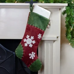 20" Green And Red Snowflake Applique Christmas Stocking With Blanket Stitching