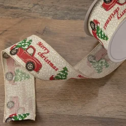 Green And Red Vintage Trucks With Christmas Trees Wired Craft Ribbon 2.5" X 16 Yards