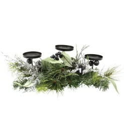 22" Green And Silver Mixed Pine With Blueberries Christmas Candle Holder Centerpiece